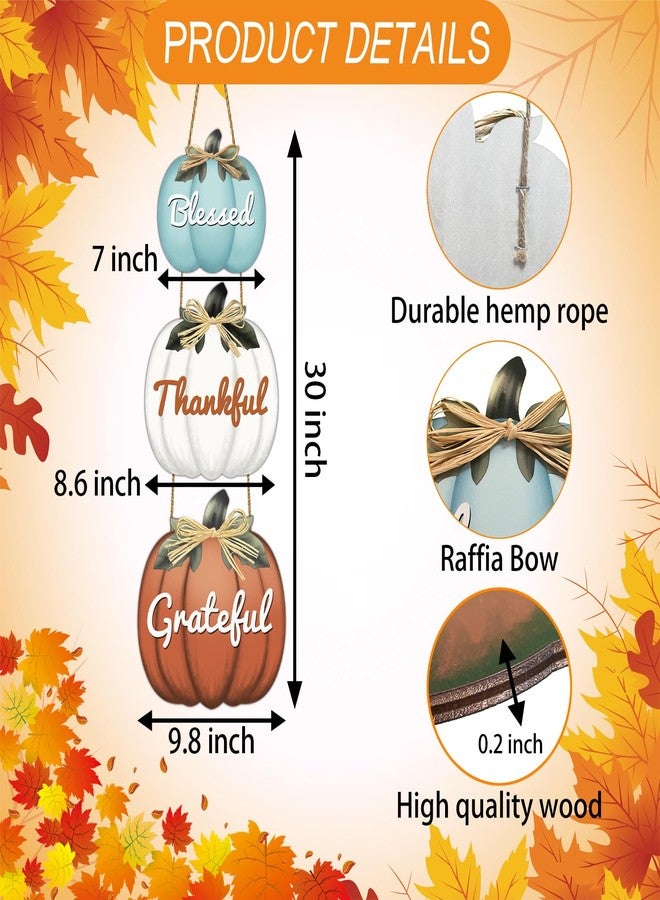 YUNKKIN Fall Door Decor Pumpkin Wall Decor with Raffia Bow Thanksgiving Wreath Blessed Grateful Thankful Sign Wooden Front Door Hanger for Harvest Thanksgiving Porch Indoor Outdoor Home Decorations - Image 2